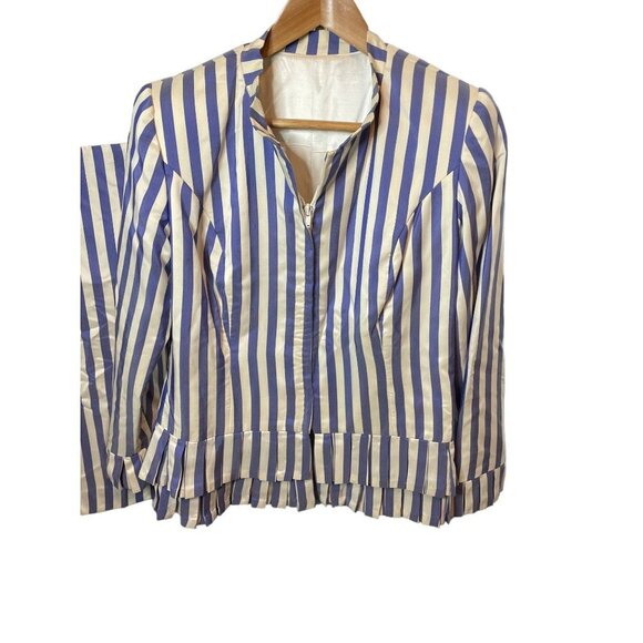 Vintage 90s Handmade Blue White Vertical Stripe Skirt and Jacket Set Sz M - Picture 2 of 16